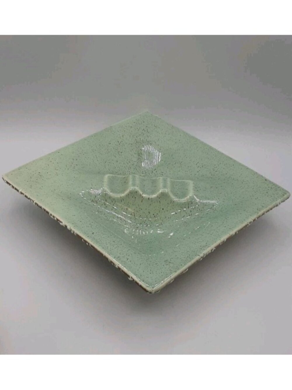 Vintage MCM Square Ceramic Pottery Ashtray Speckled Green Glaze Splatter Base